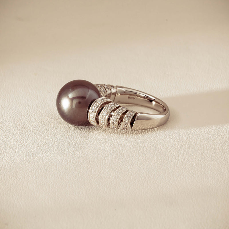 Deja Vu Platinum 13mm Black Pearl & Diamond Ring - Ring - Walker & Hall