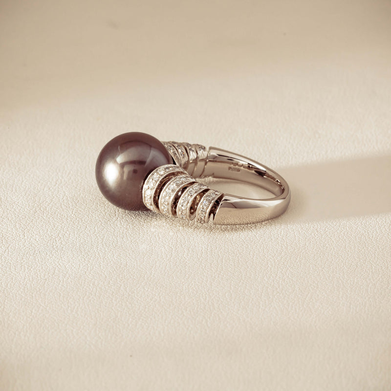 Deja Vu Platinum 13mm Black Pearl & Diamond Ring - Ring - Walker & Hall