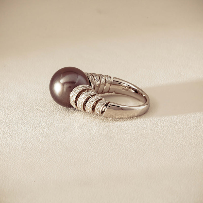 Deja Vu Platinum 13mm Black Pearl & Diamond Ring - Ring - Walker & Hall