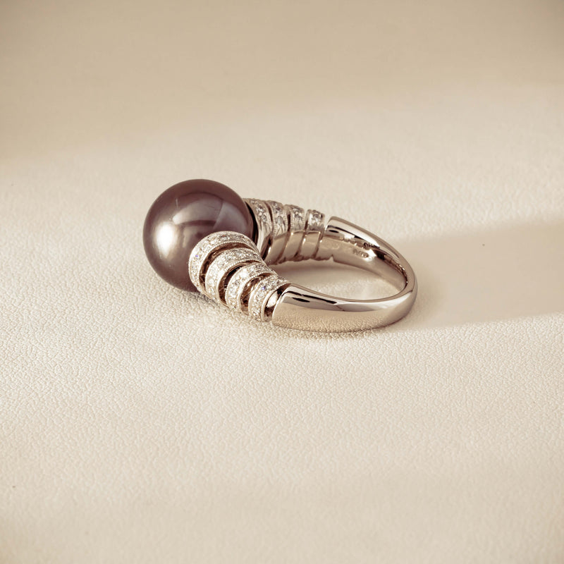 Deja Vu Platinum 13mm Black Pearl & Diamond Ring - Ring - Walker & Hall