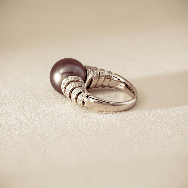 Deja Vu Platinum 13mm Black Pearl & Diamond Ring - Ring - Walker & Hall