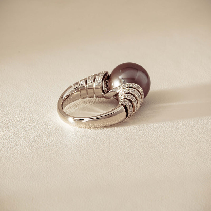 Deja Vu Platinum 13mm Black Pearl & Diamond Ring - Ring - Walker & Hall