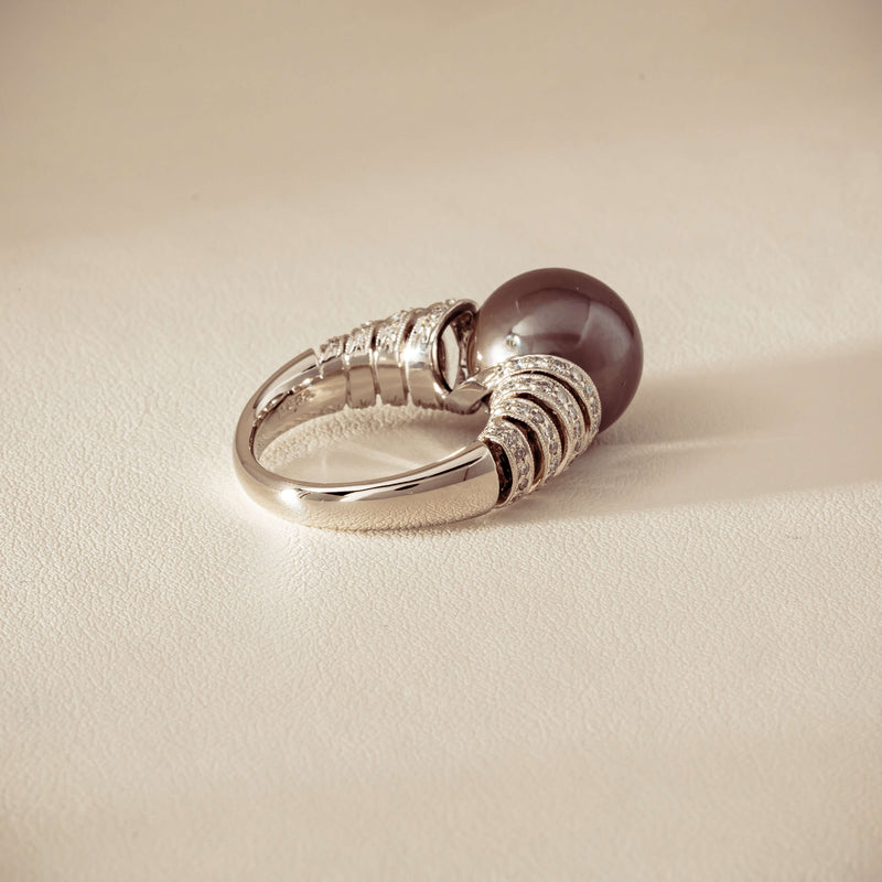 Deja Vu Platinum 13mm Black Pearl & Diamond Ring - Ring - Walker & Hall