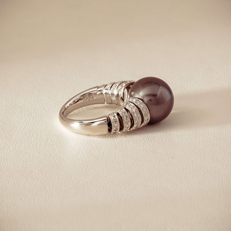 Deja Vu Platinum 13mm Black Pearl & Diamond Ring - Ring - Walker & Hall