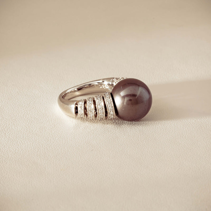 Deja Vu Platinum 13mm Black Pearl & Diamond Ring - Ring - Walker & Hall