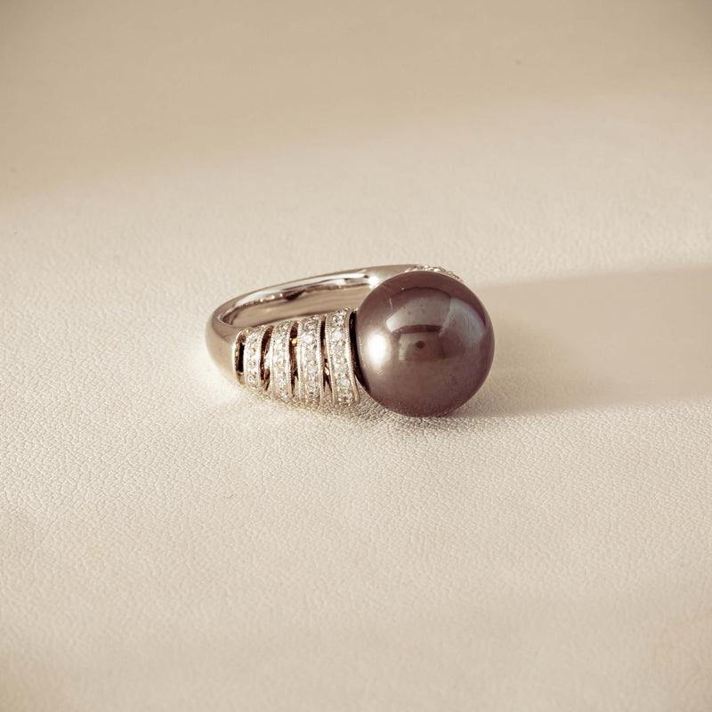 Deja Vu Platinum 13mm Black Pearl & Diamond Ring - Ring - Walker & Hall