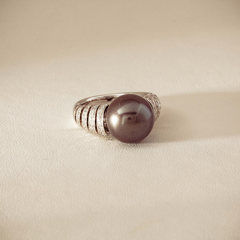 Deja Vu Platinum 13mm Black Pearl & Diamond Ring - Ring - Walker & Hall