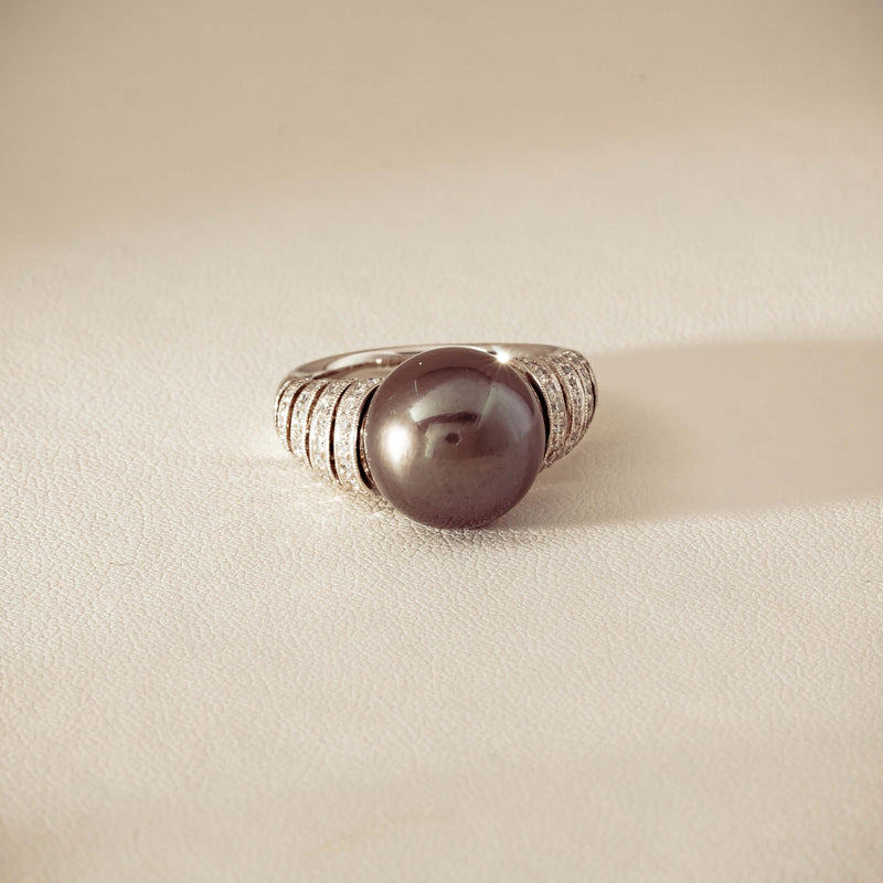 Deja Vu Platinum 13mm Black Pearl & Diamond Ring - Ring - Walker & Hall