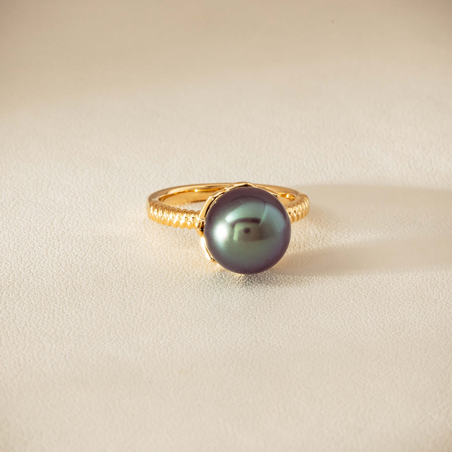18ct Yellow Gold 10.9mm Black Pearl Selene Ring - Ring - Walker & Hall