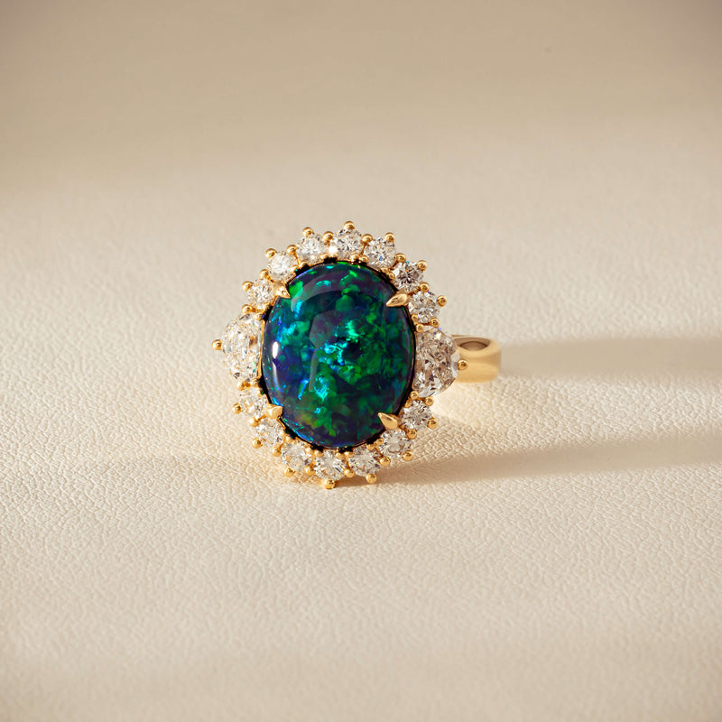 18ct Yellow Gold 4.27ct Opal & Demi Lune Diamond Ring - Ring - Walker & Hall