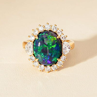 18ct Yellow Gold 4.27ct Opal & Demi Lune Diamond Ring - Ring - Walker & Hall