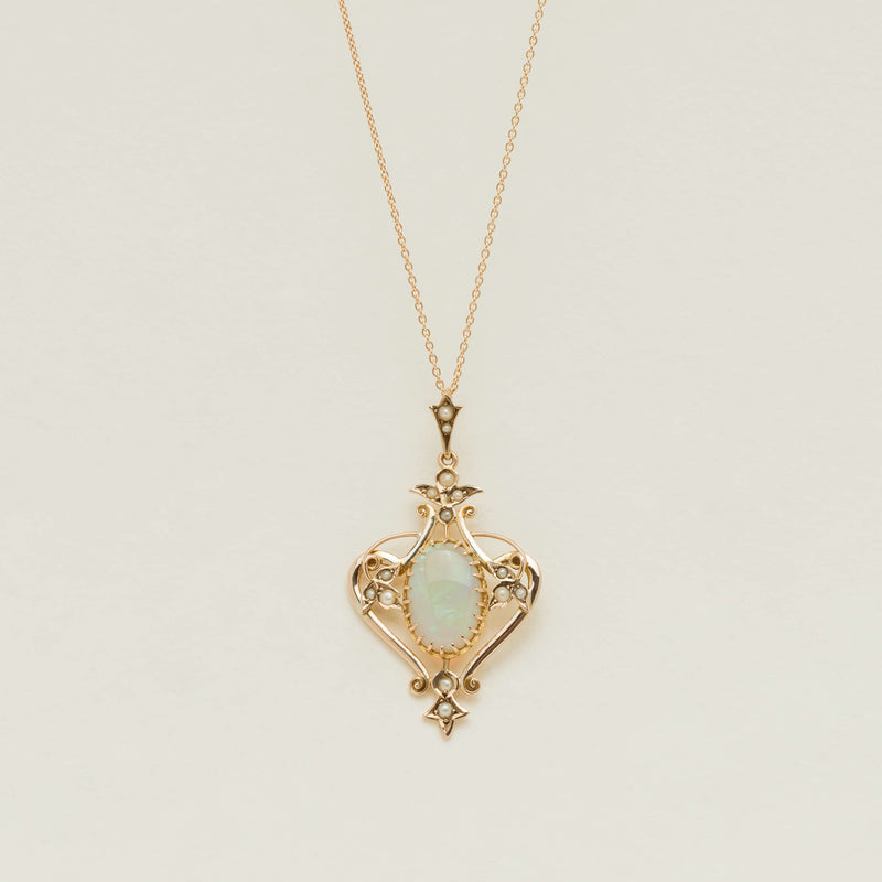 Vintage 9ct Rose Gold Opal & Seed Pearl Set Pendant - Necklace - Walker & Hall