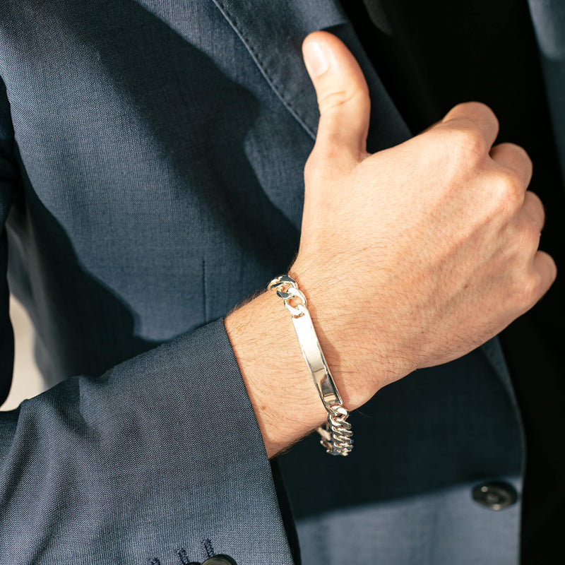 Model wearing sterling silver ID bracelet