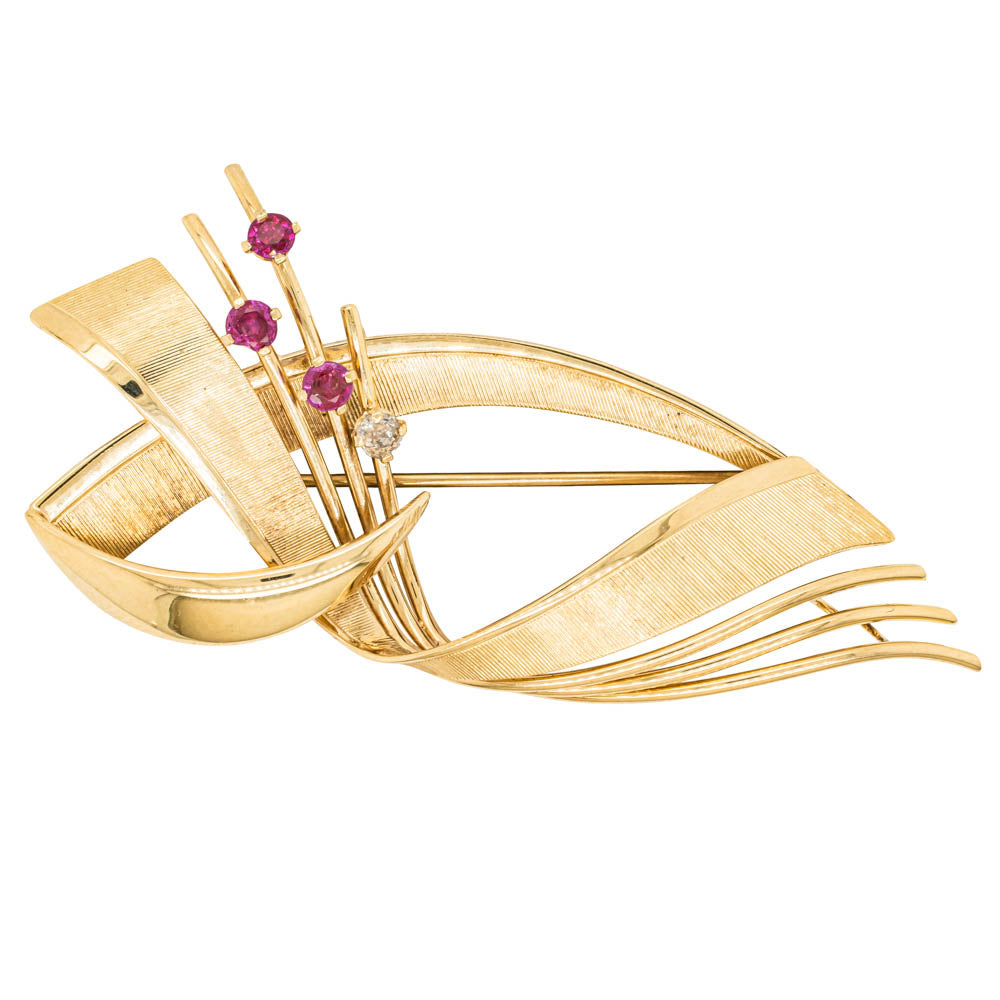 14 Karat Yellow and Rose Gold Diamond and Ruby Bow Brooch
