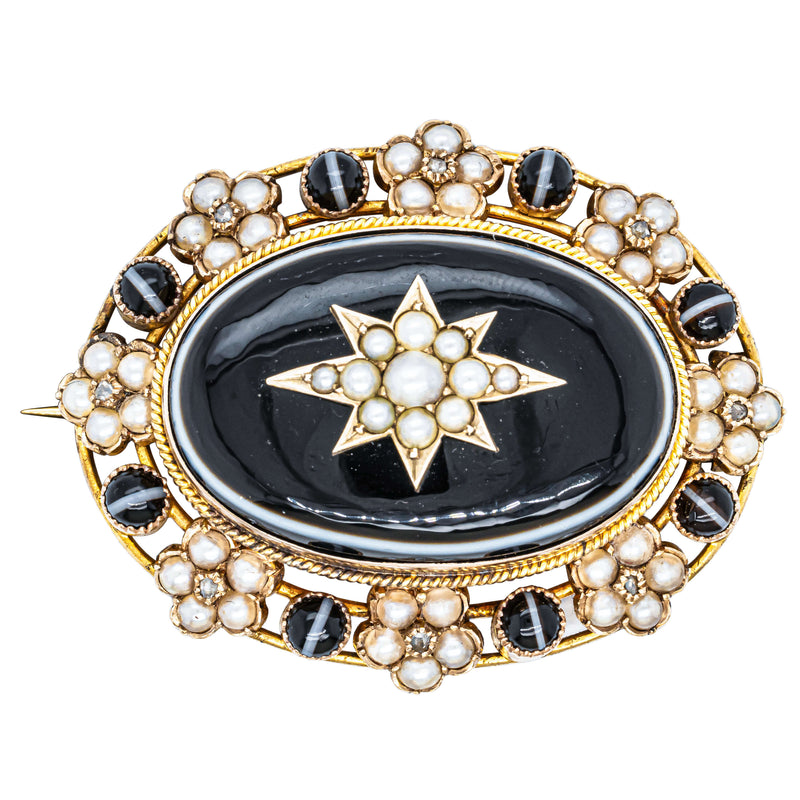 Vintage 14ct Yellow Gold Onyx, Diamond, Pearl Mourning Brooch - Brooch - Walker & Hall