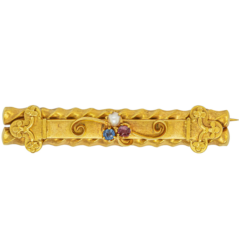 Vintage 9ct Yellow Gold Garnet, Sapphire & Seed Pearl Brooch - Brooch - Walker & Hall