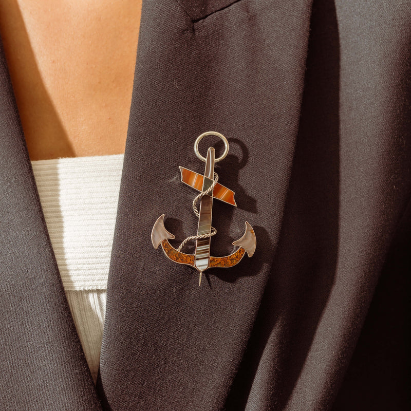 Deja Vu Sterling Silver Agate Fouled Anchor Brooch - Brooch - Walker & Hall