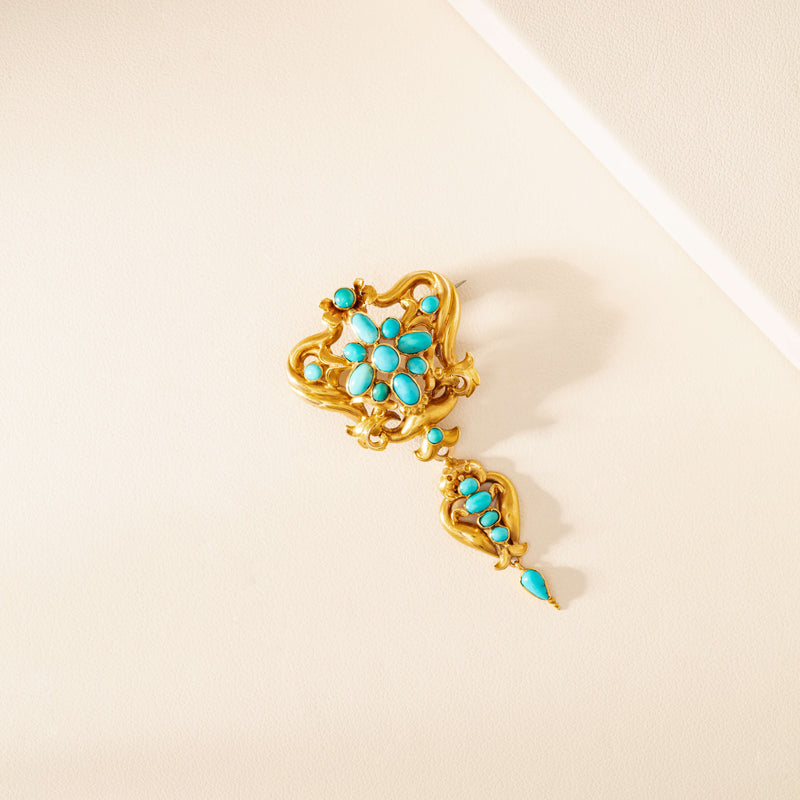 Vintage 15ct Yellow Gold Turquoise Filigree Brooch - Brooch - Walker & Hall