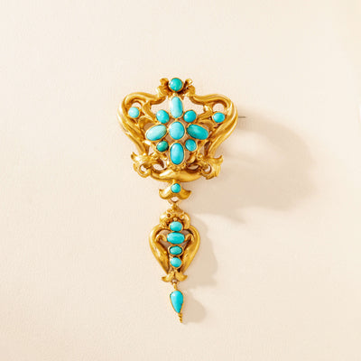 Vintage 15ct Yellow Gold Turquoise Filigree Brooch - Brooch - Walker & Hall