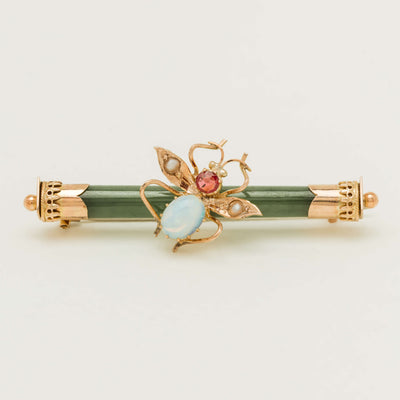 Vintage 9ct Yellow Gold Greenstone & Opal Bee Brooch - Brooch - Walker & Hall