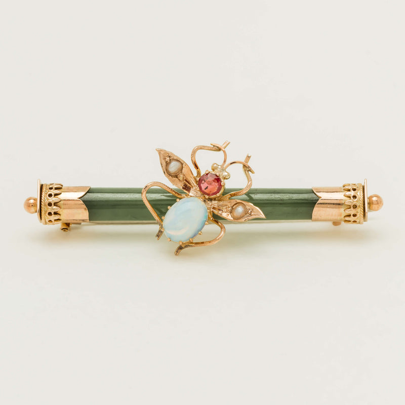 Vintage 9ct Yellow Gold Greenstone & Opal Bee Brooch - Brooch - Walker & Hall