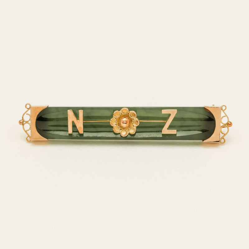 Vintage 9ct Rose Gold Greenstone 'NZ' Brooch - Brooch - Walker & Hall