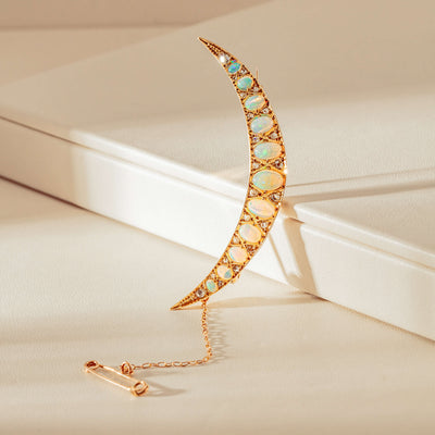 Vintage 15ct Rose Gold Opal & Diamond Crescent Brooch - Brooch - Walker & Hall