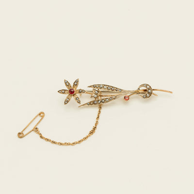 Vintage 9ct Rose Gold Garnet & Seed Pearl Flower Brooch