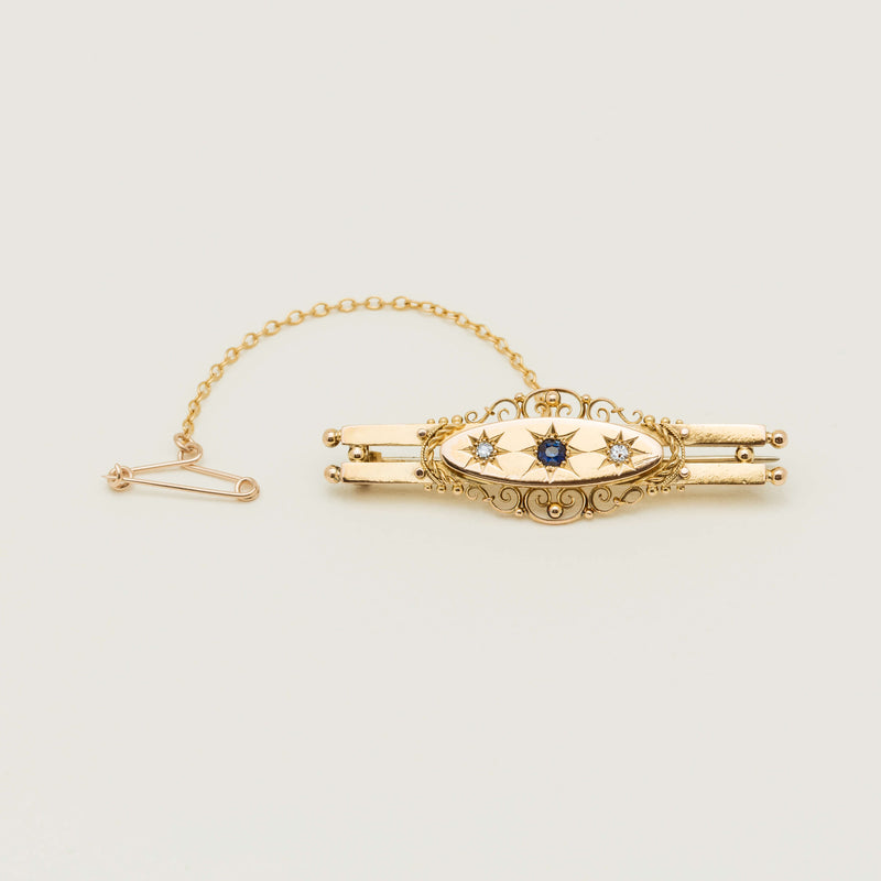 Vintage 15ct Yellow Gold Sapphire & Diamond Brooch - Brooch - Walker & Hall