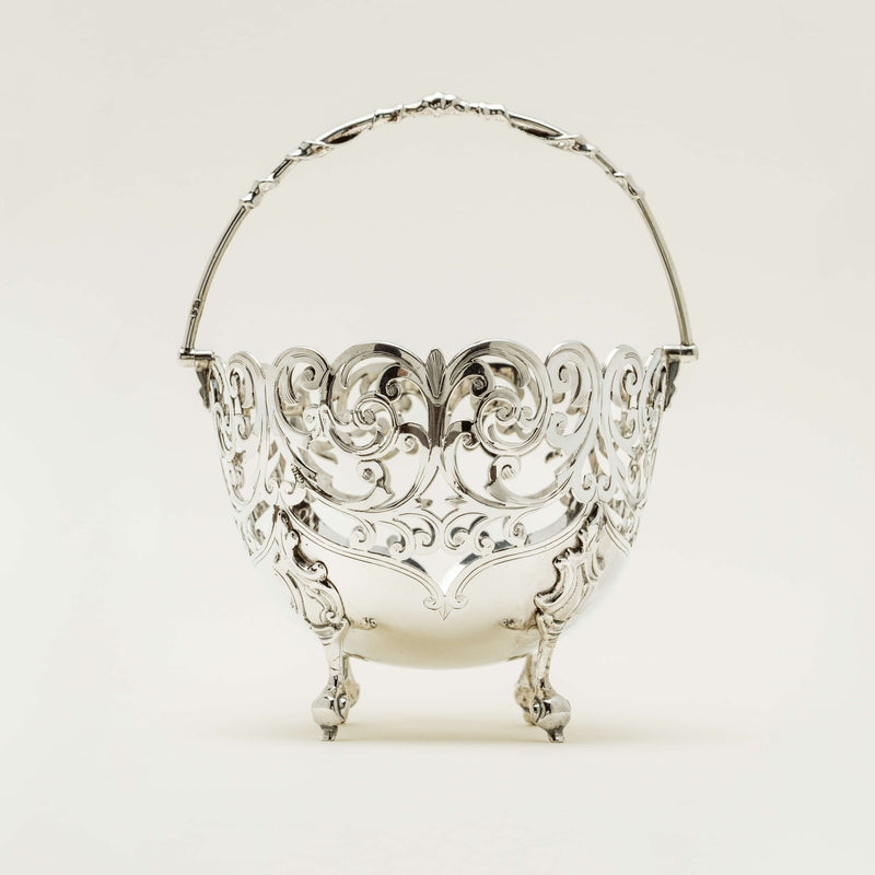 Vintage Silver & Cranberry Glass Pierced Bonbon Basket