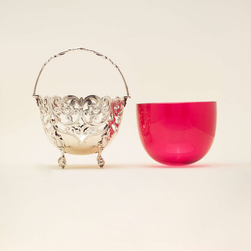 Vintage Silver & Cranberry Glass Pierced Bonbon Basket
