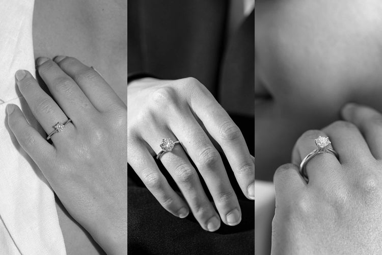 Model trying on three different diamond solitaire rings