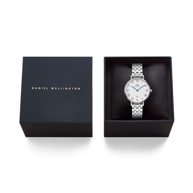 Daniel Wellington Petite Roman Numerals Date 5-Link Silver Watch - Watch - Walker & Hall