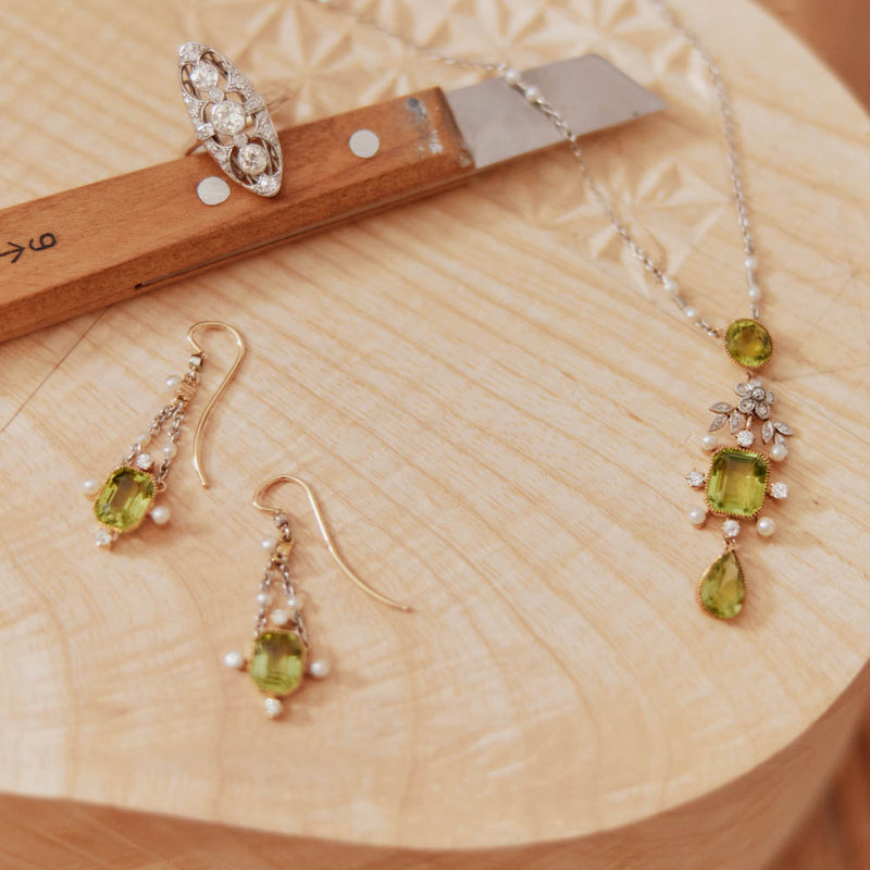 Vintage Platinum & Yellow Gold, Peridot, Pearl & Diamond Set-Necklace-Walker & Hall