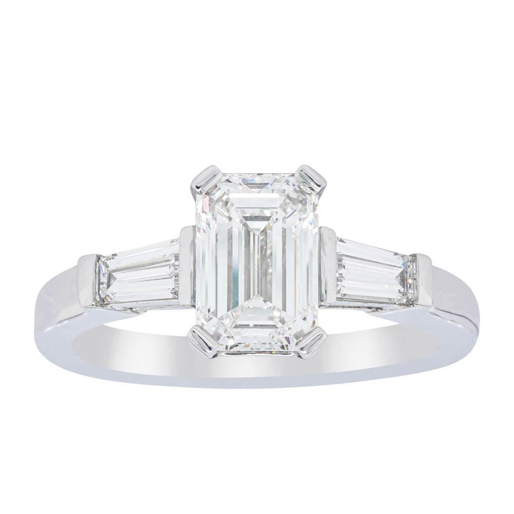 18ct White Gold Emerald Cut Diamond Three Stone Ring - Walker & Hall