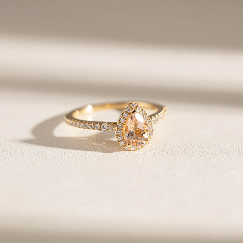 18ct Yellow Gold Pear Cut Morganite & Diamond Mini Sierra Ring-Ring-Walker & Hall