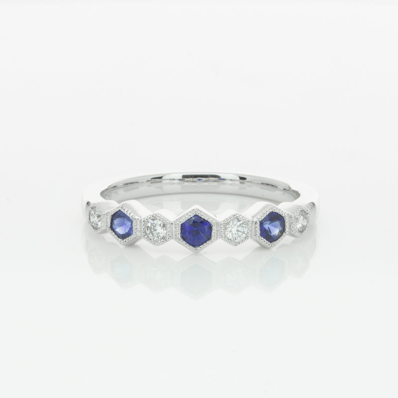 18ct White Gold Sapphire & Diamond Deco Band-Ring-Walker & Hall