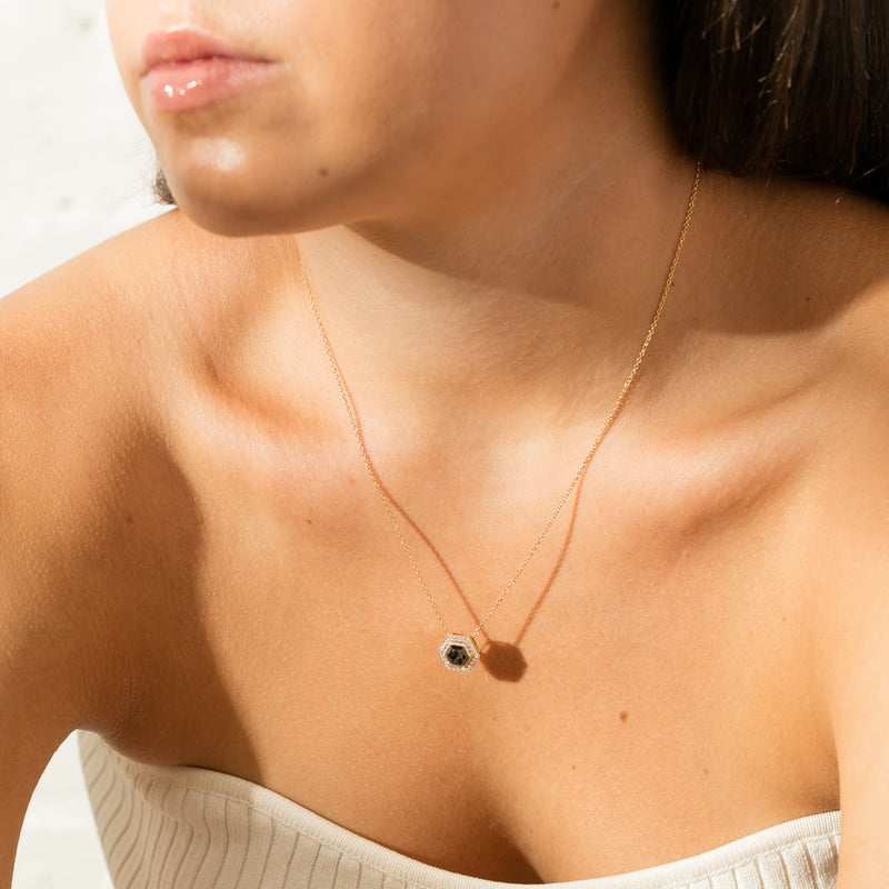 18ct Yellow Gold Black Diamond Halo Pendant-Necklace-Walker & Hall