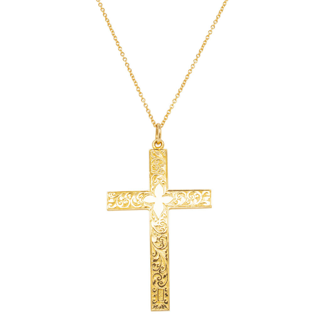 Vintage 18ct Yellow Gold Engraved Cross Pendant With Chain - Necklace - Walker & Hall