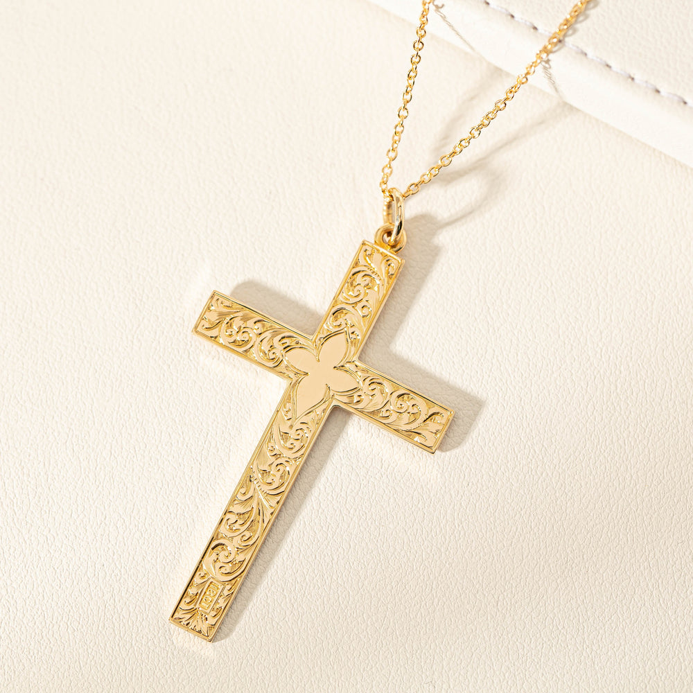 Vintage 18ct Yellow Gold Engraved Cross Pendant With Chain - Necklace - Walker & Hall