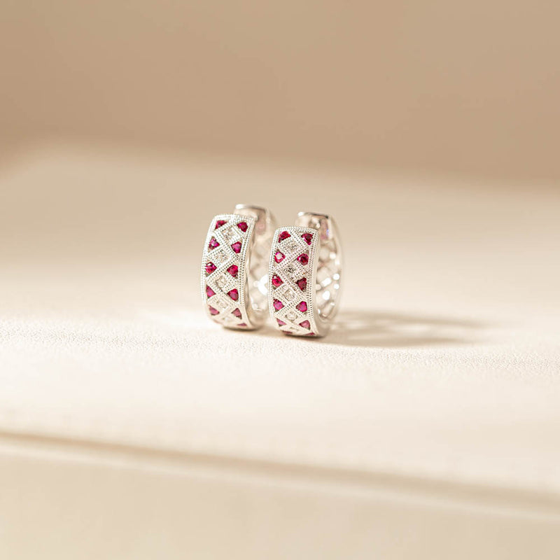 18ct White Gold Ruby & Diamond Honour Hoop Earrings-Earrings-Walker & Hall
