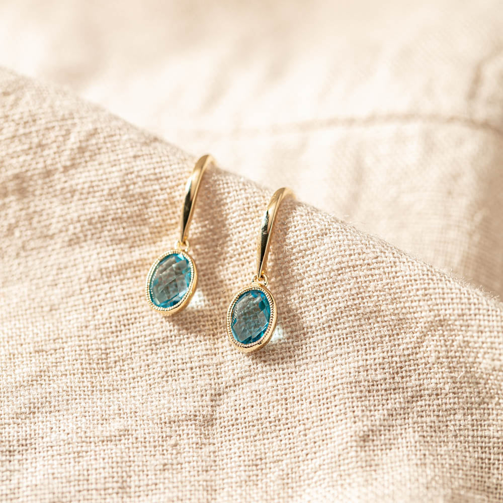 9ct Yellow Gold Blue Topaz Sandalwood Earrings - Earrings - Walker & Hall