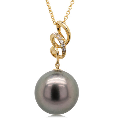 18ct Yellow Gold Black Pearl & Diamond Pendant - Walker & Hall