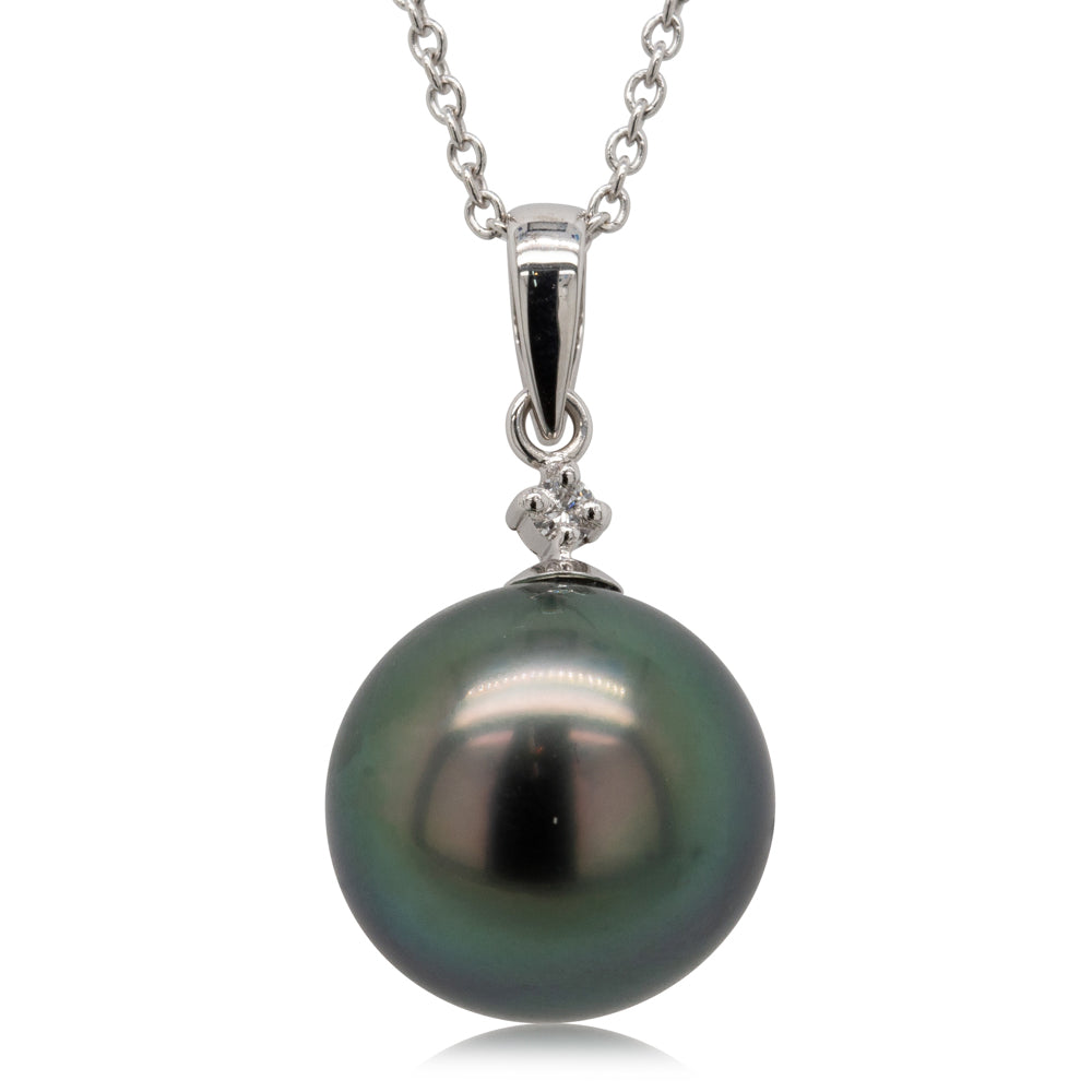 18ct White Gold 12.4mm Black Pearl & Diamond Pendant - Walker & Hall