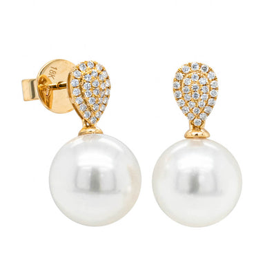 18ct Yellow Gold 11.2mm South Sea Pearl & Diamond Aegean Earrings - Earrings - Walker & Hall