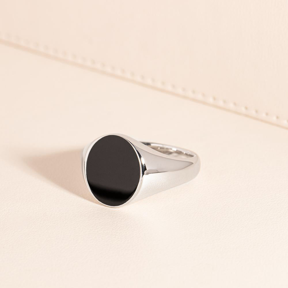 Silver Triple Plated Oval Black Onyx Signet Ring - Sterling Silver Unisex Signet Ring O-Z Sizes - Gift order Boxed