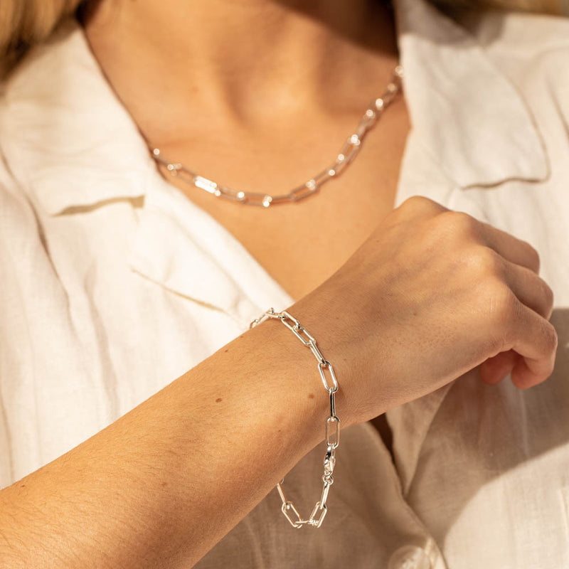 Sterling Silver Staple Link Bracelet-Bracelet-Walker & Hall