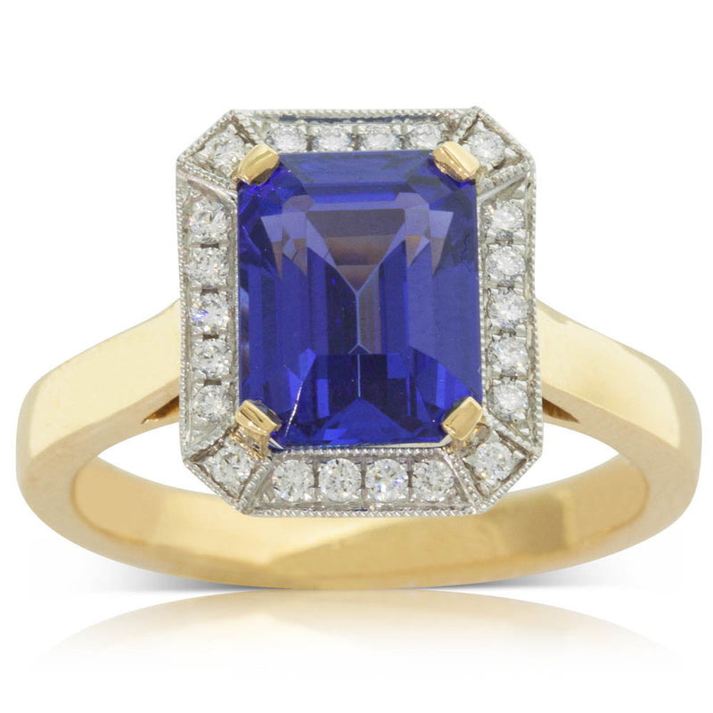 18ct Yellow & White Gold Tanzanite & Diamond Halo Ring - Walker & Hall