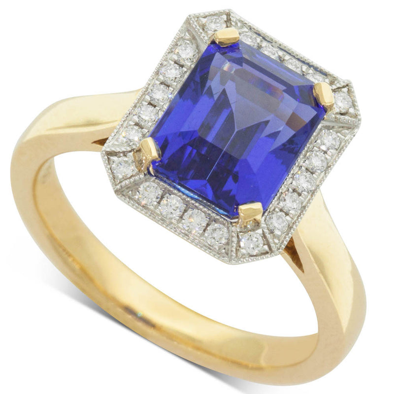 18ct Yellow & White Gold Tanzanite & Diamond Halo Ring - Walker & Hall